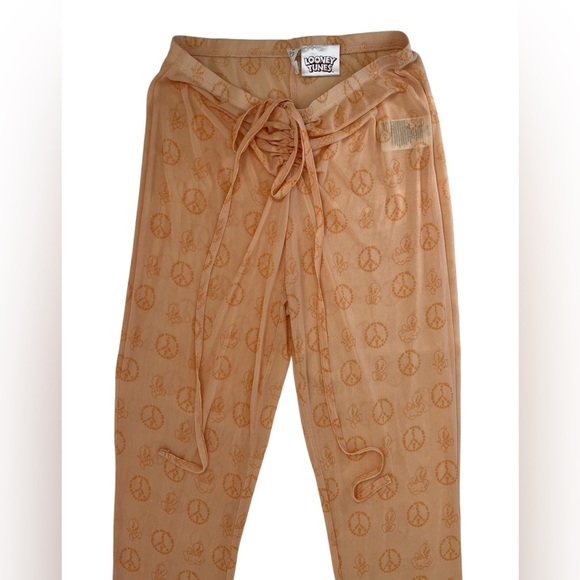 Looney Tunes Peach Graphic Mesh Bell bottom cinched waist Y2K Pants L - Picture 4 of 12